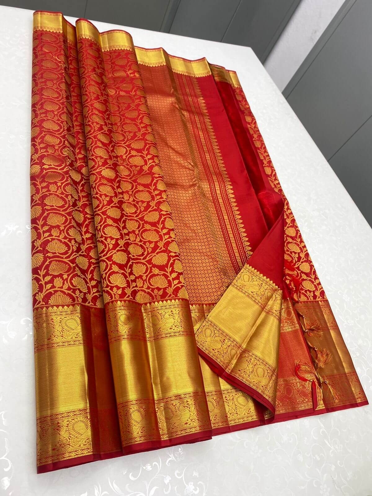 Red Kanjivaram Silk Saree with Jacquard Golden Zari Work