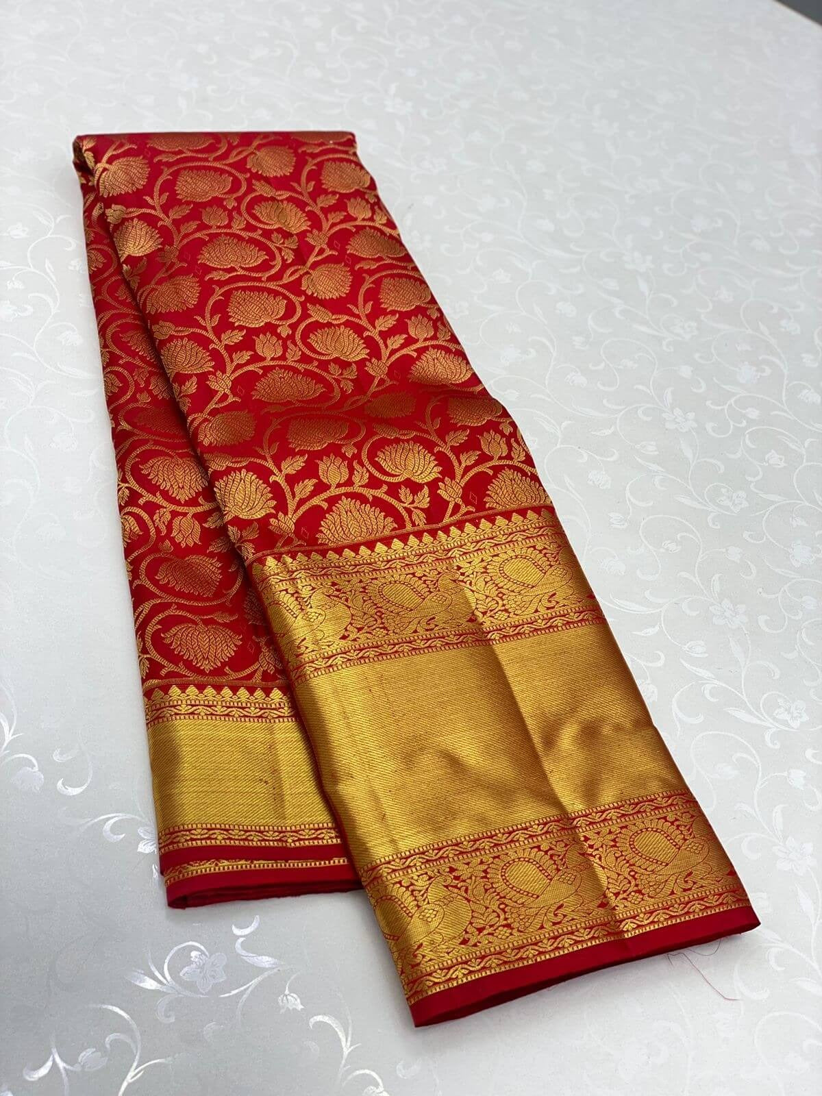 Red Kanjivaram Silk Saree with Jacquard Golden Zari Work