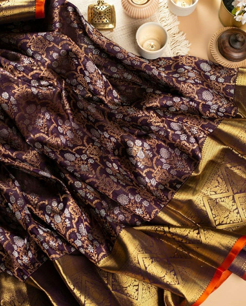 Wine Banarasi Silk Saree with Intricate Jacquard Floral Weave