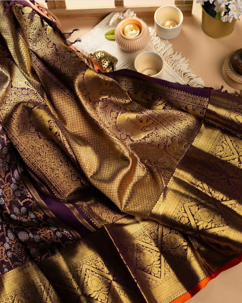 Wine Banarasi Silk Saree with Intricate Jacquard Floral Weave
