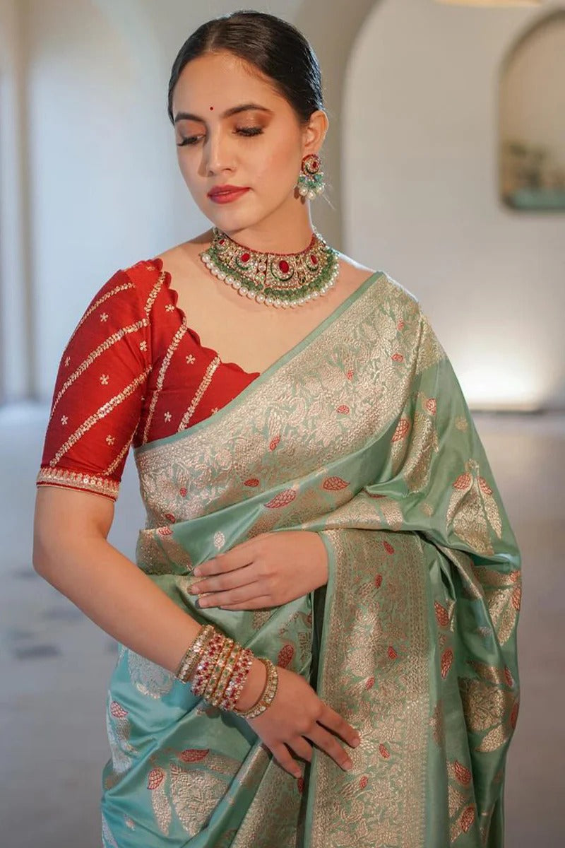 Sea Green Soft Silk Saree with Jacquard Weaving & Rich Red Blouse