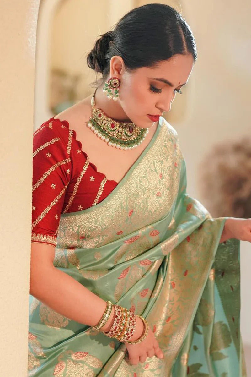 Sea Green Soft Silk Saree with Jacquard Weaving & Rich Red Blouse