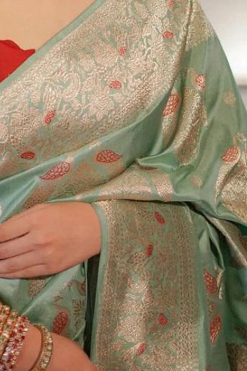 Sea Green Soft Silk Saree with Jacquard Weaving & Rich Red Blouse