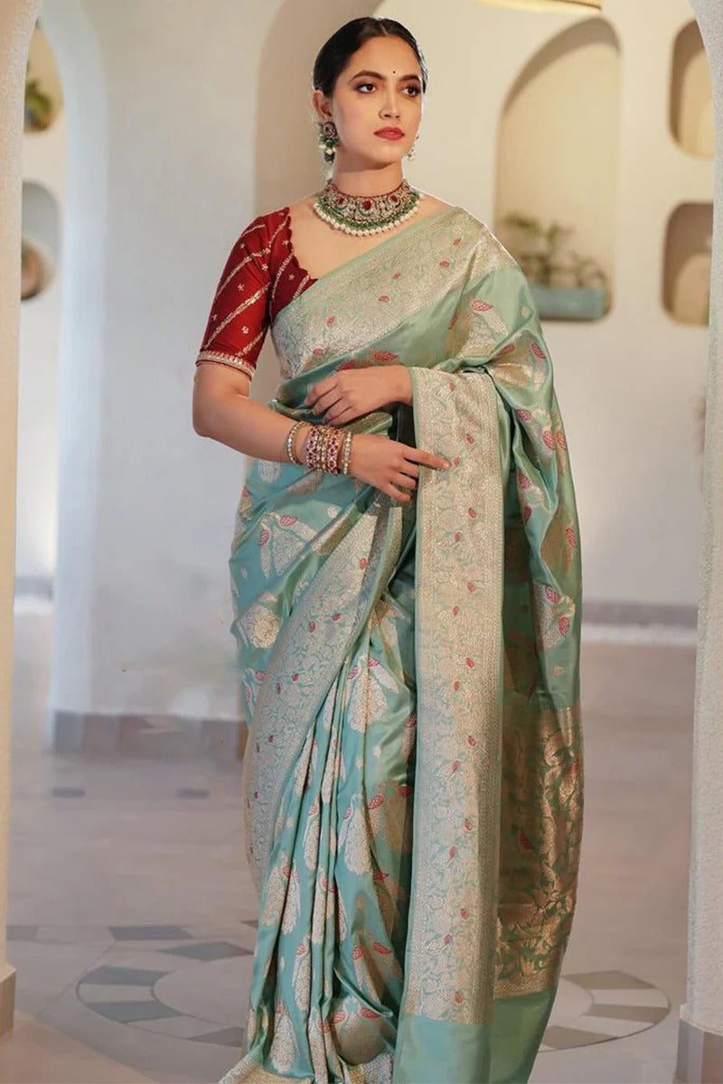 Sea Green Soft Silk Saree with Jacquard Weaving & Rich Red Blouse