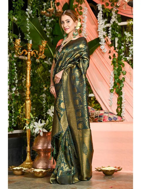 Dark Green Woven Design Soft Silk Banarasi by Icultuer