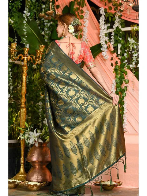 Dark Green Woven Design Soft Silk Banarasi by Icultuer