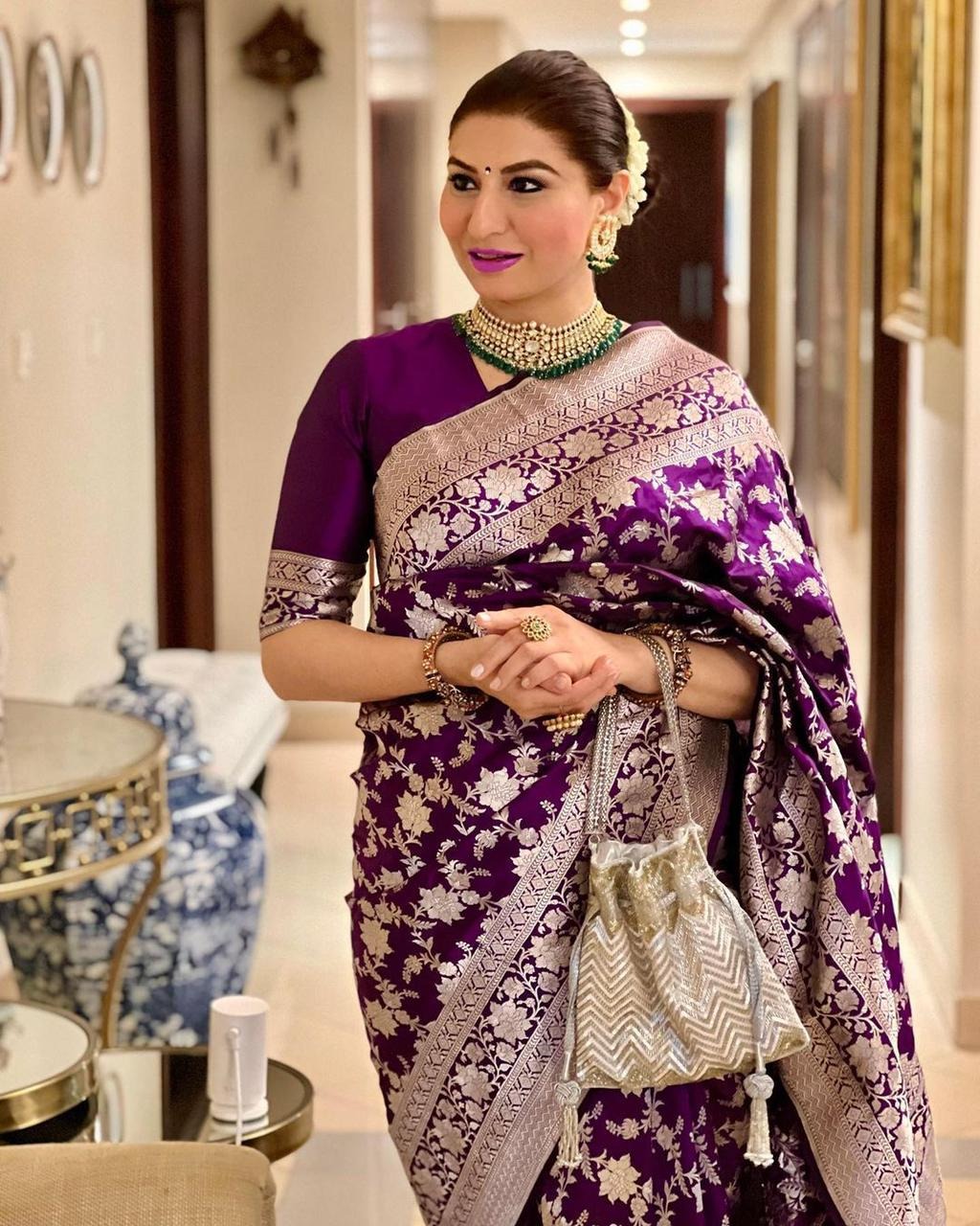 Dipali - Wine Banarasi Silk Saree with Silver Zari Floral Weaving