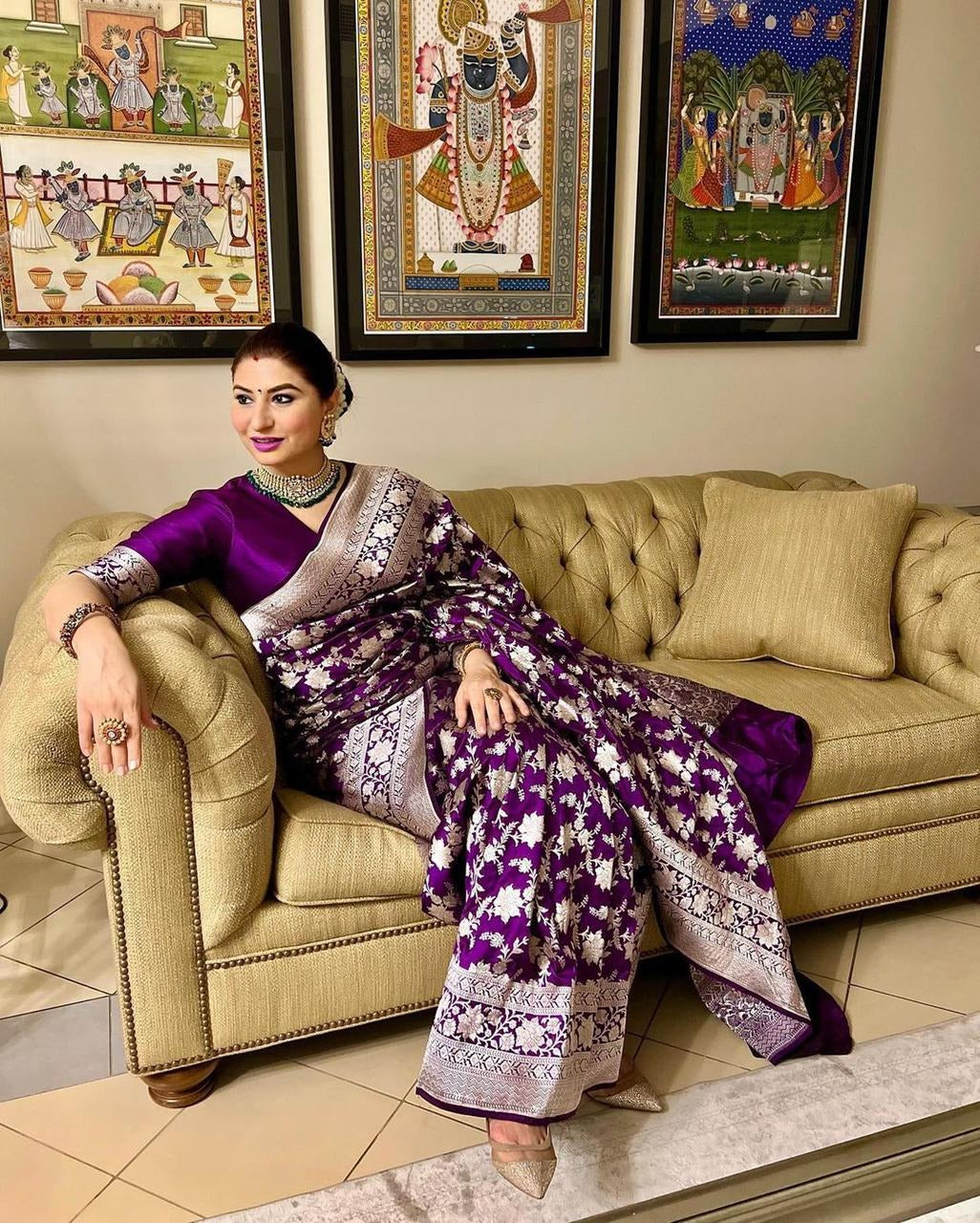 Dipali - Wine Banarasi Silk Saree with Silver Zari Floral Weaving