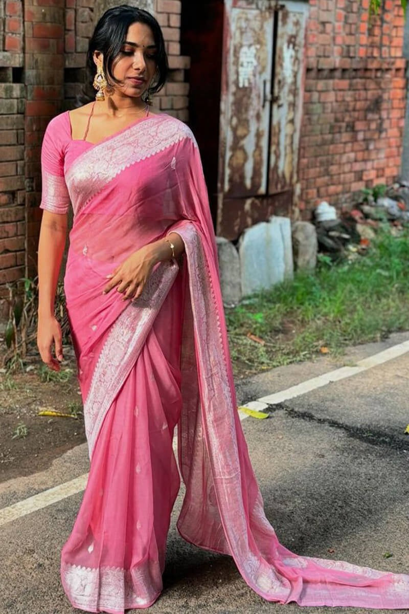Pink Pure Linen Silk Saree with Jacquard Detailing