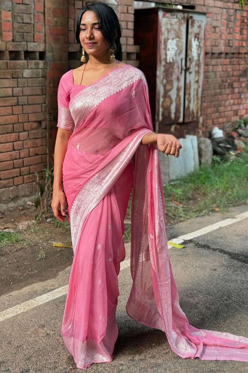 Pink Pure Linen Silk Saree with Jacquard Detailing