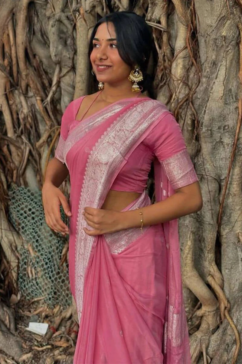 Pink Pure Linen Silk Saree with Jacquard Detailing