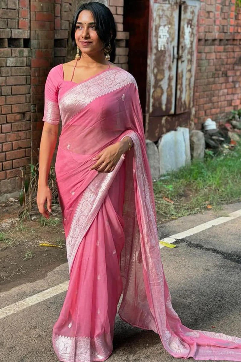 Pink Pure Linen Silk Saree with Jacquard Detailing