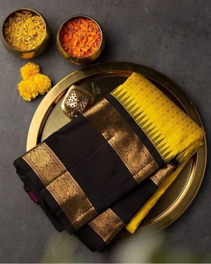 Yellow Soft Banarasi Silk Saree with Black Jacquard Blouse