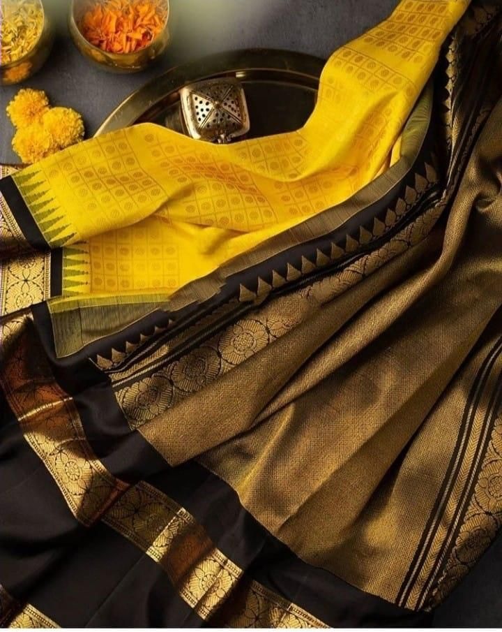 Yellow Soft Banarasi Silk Saree with Black Jacquard Blouse