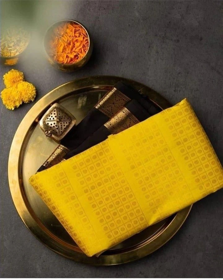 Yellow Soft Banarasi Silk Saree with Black Jacquard Blouse
