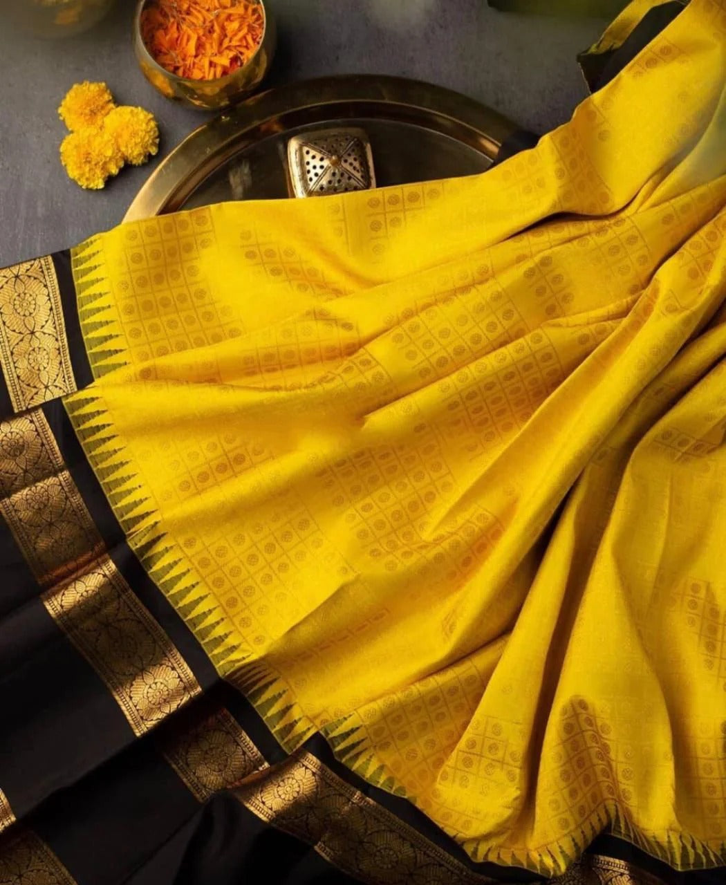 Yellow Soft Banarasi Silk Saree with Black Jacquard Blouse