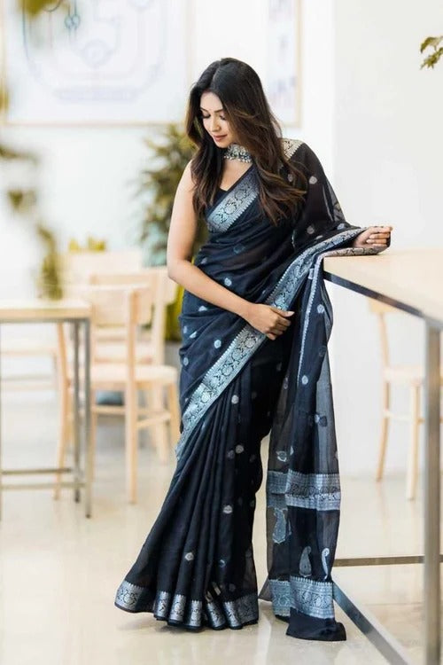 Black Soft Silk Saree with Subtle Jacquard and Matching Blouse