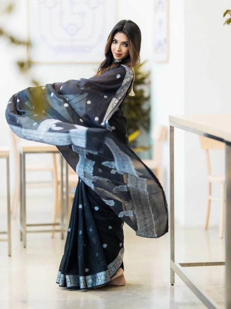Black Soft Silk Saree with Subtle Jacquard and Matching Blouse