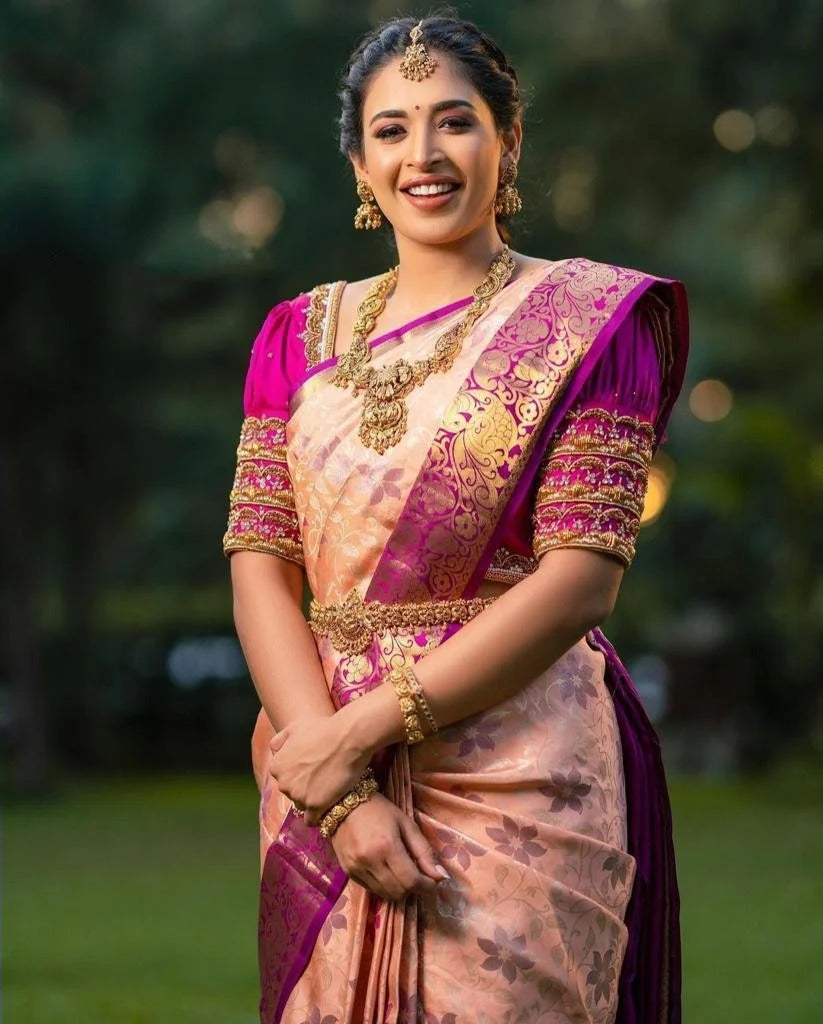 Peach Soft Banarasi Silk Saree with Rich Jacquard Weave