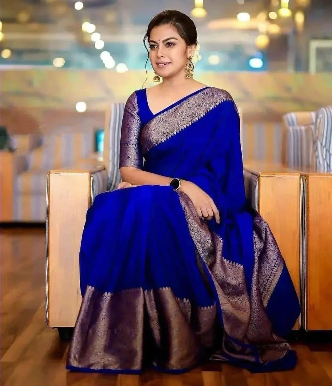 Royal Blue Soft Silk Saree with Silver Zari Border and Matching Blouse