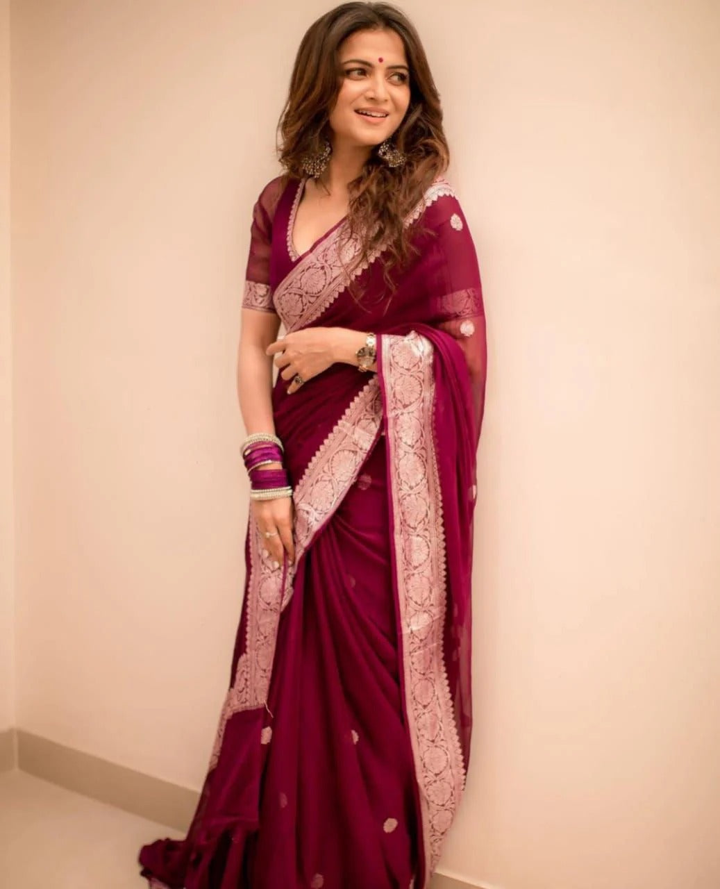 Wine Soft Silk Saree with Subtle Jacquard and Matching Blouse
