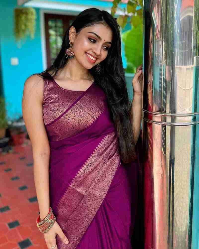 Purple Soft Silk Saree with Silver Zari Border and Matching Blouse