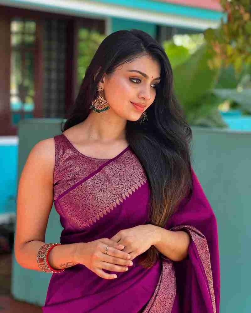 Purple Soft Silk Saree with Silver Zari Border and Matching Blouse