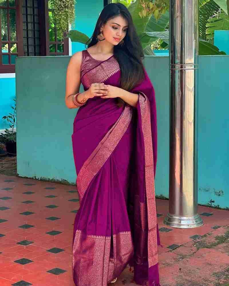 Purple Soft Silk Saree with Silver Zari Border and Matching Blouse