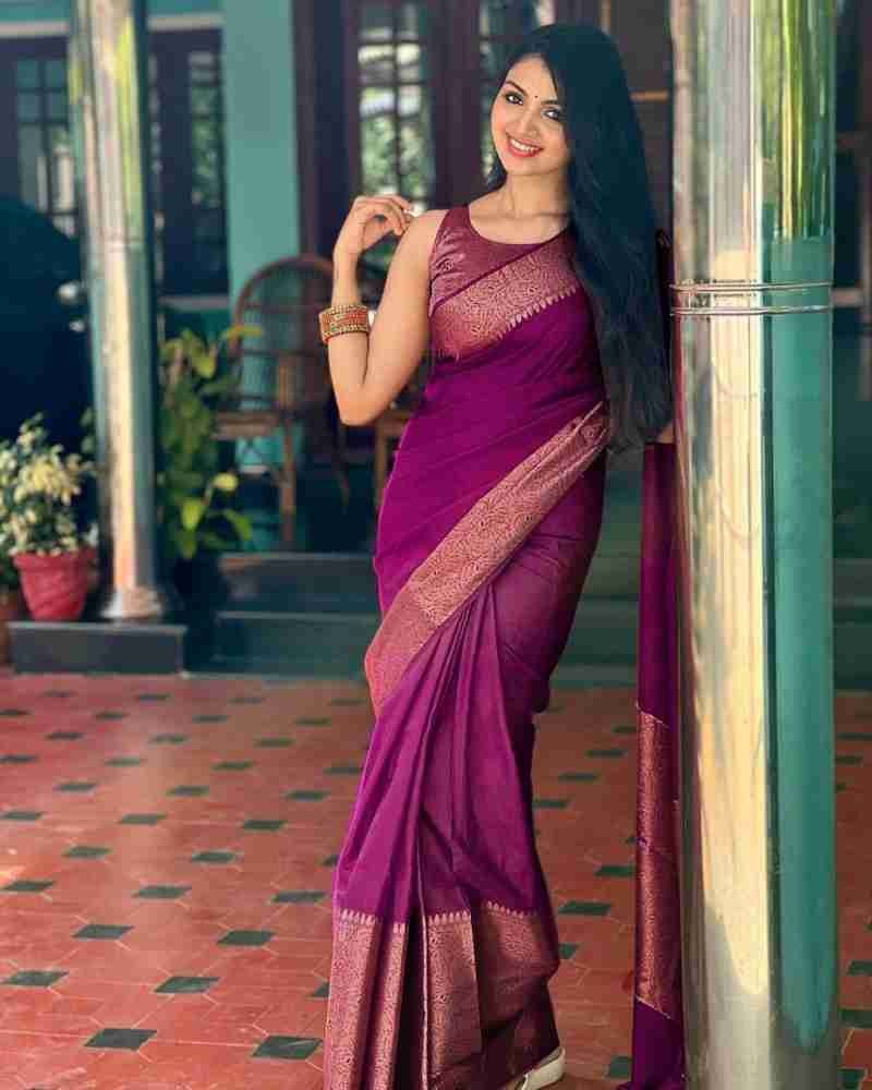 Purple Soft Silk Saree with Silver Zari Border and Matching Blouse
