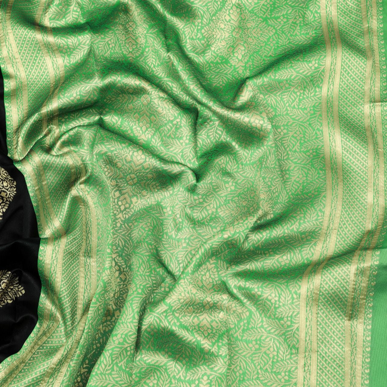 Black Soft Silk Saree with Mint Green Zari Border and Gold Motifs