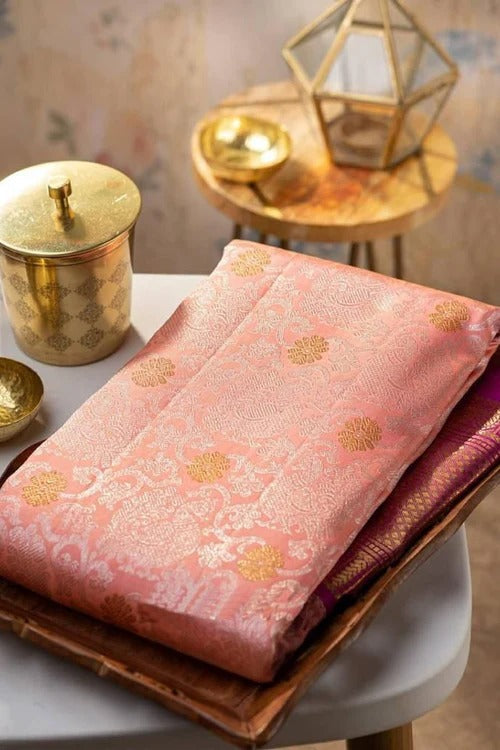 Pink Soft Banarasi Silk Saree with Jacquard Weave and Contrast Border