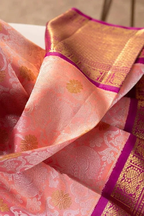 Pink Soft Banarasi Silk Saree with Jacquard Weave and Contrast Border