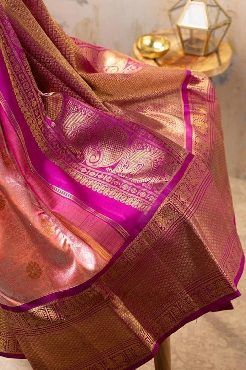 Pink Soft Banarasi Silk Saree with Jacquard Weave and Contrast Border