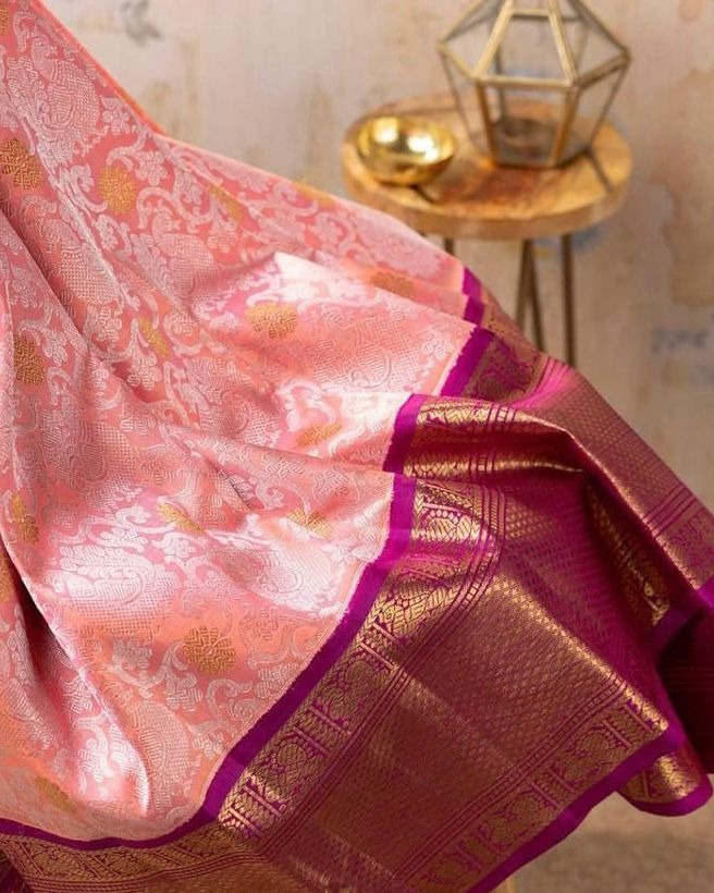 Pink Soft Banarasi Silk Saree with Jacquard Weave and Contrast Border