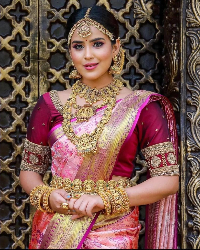 Ishvika - Pink Banarasi Silk Saree with icultural Gold Border and Dark Pink Blouse