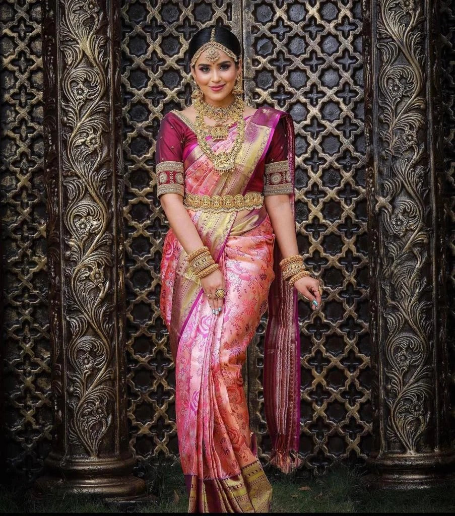 Ishvika - Pink Banarasi Silk Saree with icultural Gold Border and Dark Pink Blouse