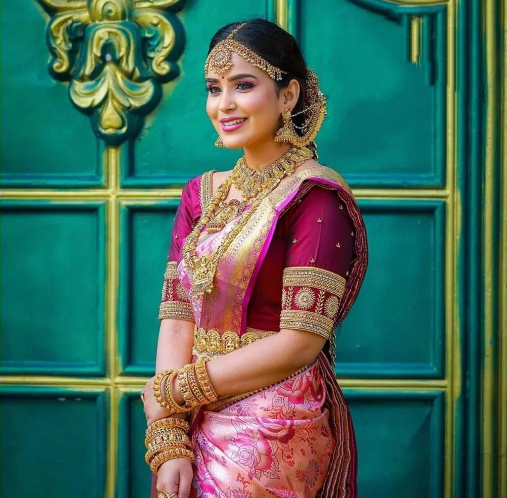 Ishvika - Pink Banarasi Silk Saree with icultural Gold Border and Dark Pink Blouse