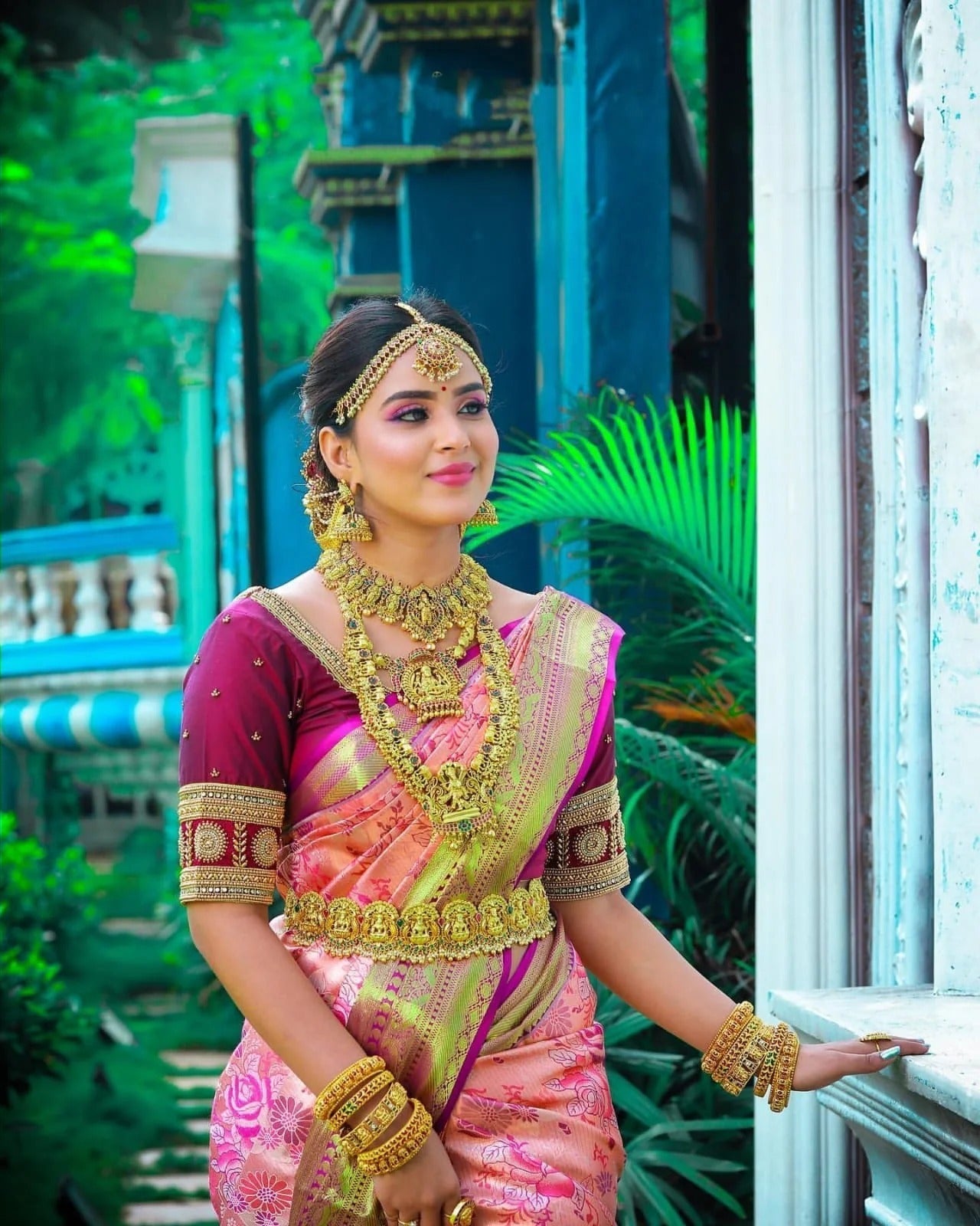Ishvika - Pink Banarasi Silk Saree with icultural Gold Border and Dark Pink Blouse