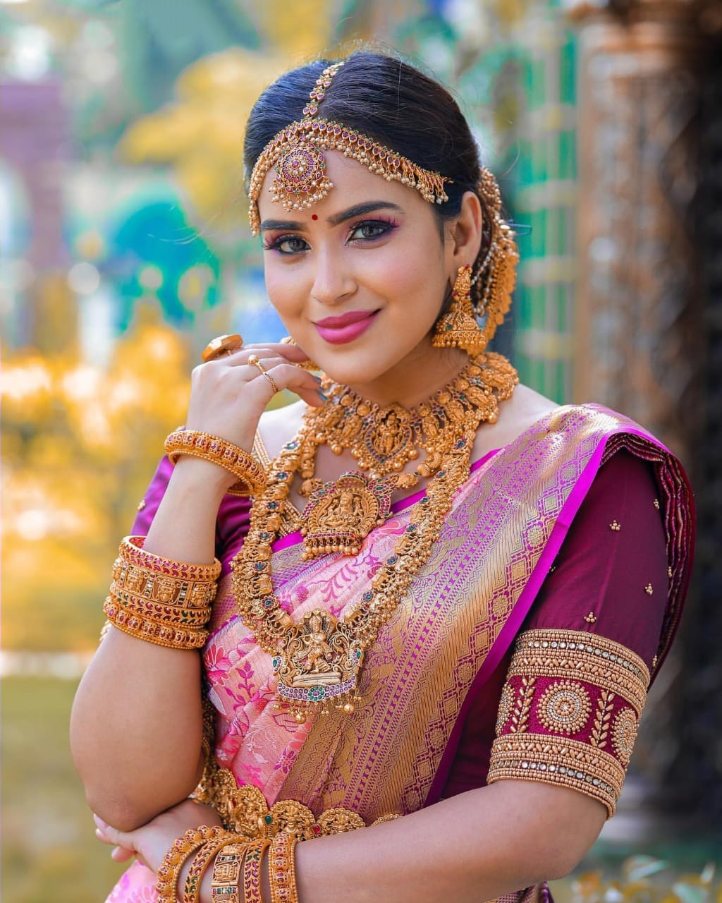 Ishvika - Pink Banarasi Silk Saree with icultural Gold Border and Dark Pink Blouse