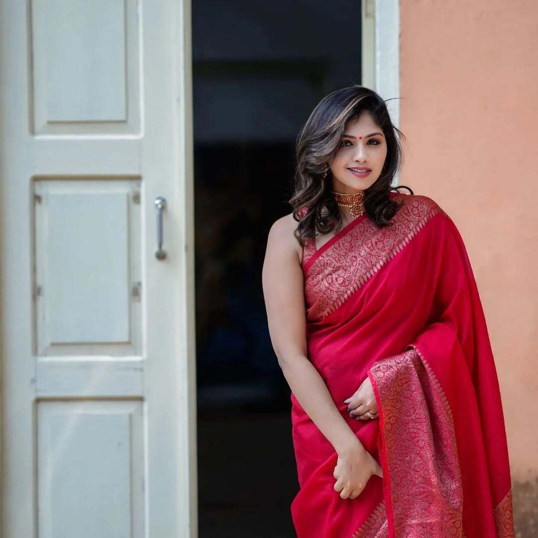 Red Soft Silk Saree with Silver Zari Border and Matching Blouse