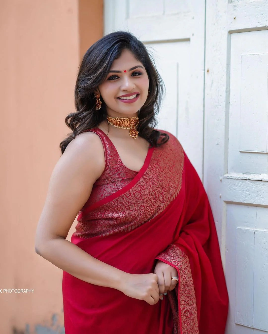 Red Soft Silk Saree with Silver Zari Border and Matching Blouse