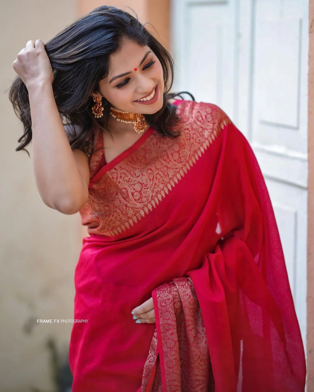 Red Soft Silk Saree with Silver Zari Border and Matching Blouse