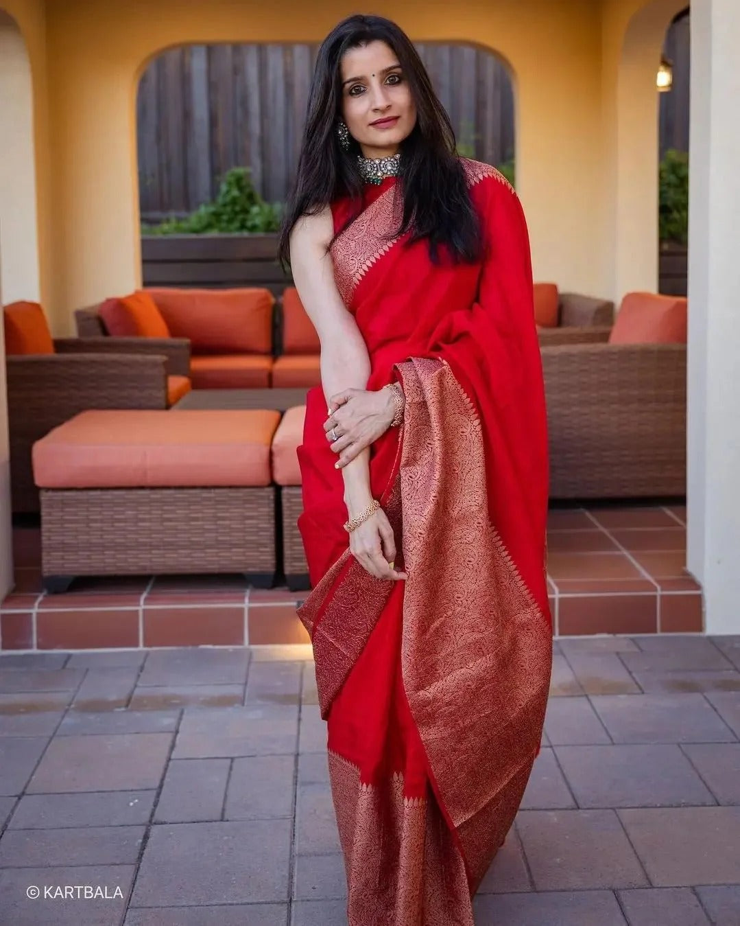 Red Soft Silk Saree with Silver Zari Border and Matching Blouse