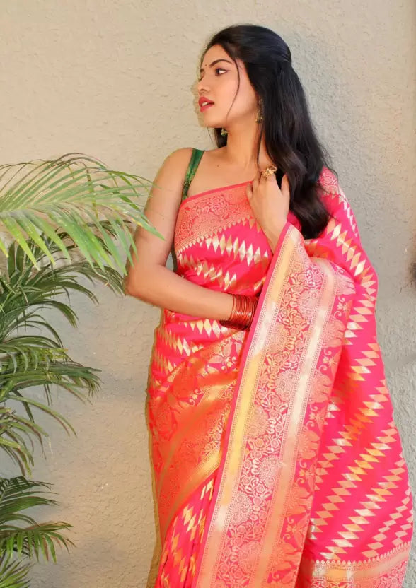 Red Self Design Banarasi Jacquard by Icultuer with Blouse