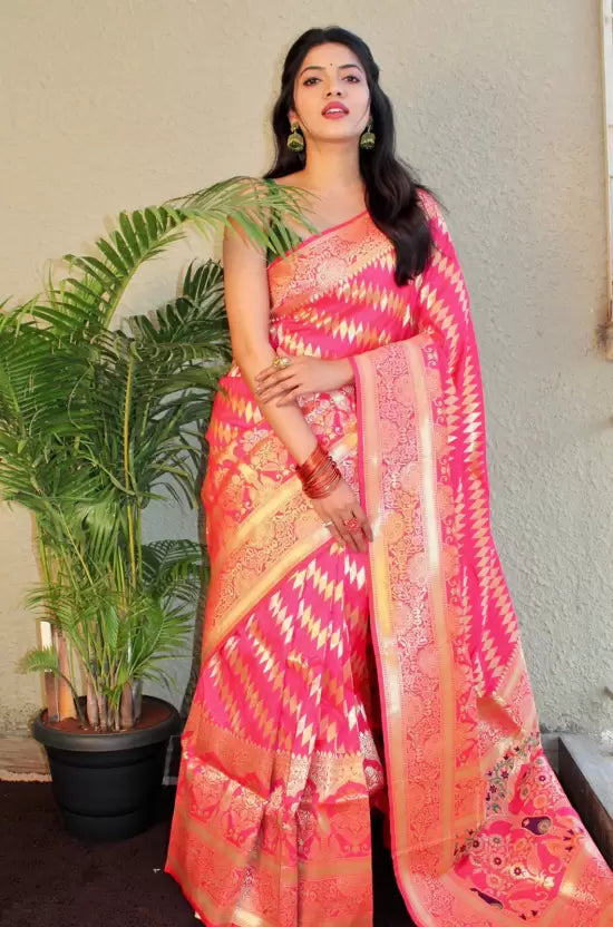 Red Self Design Banarasi Jacquard by Icultuer with Blouse