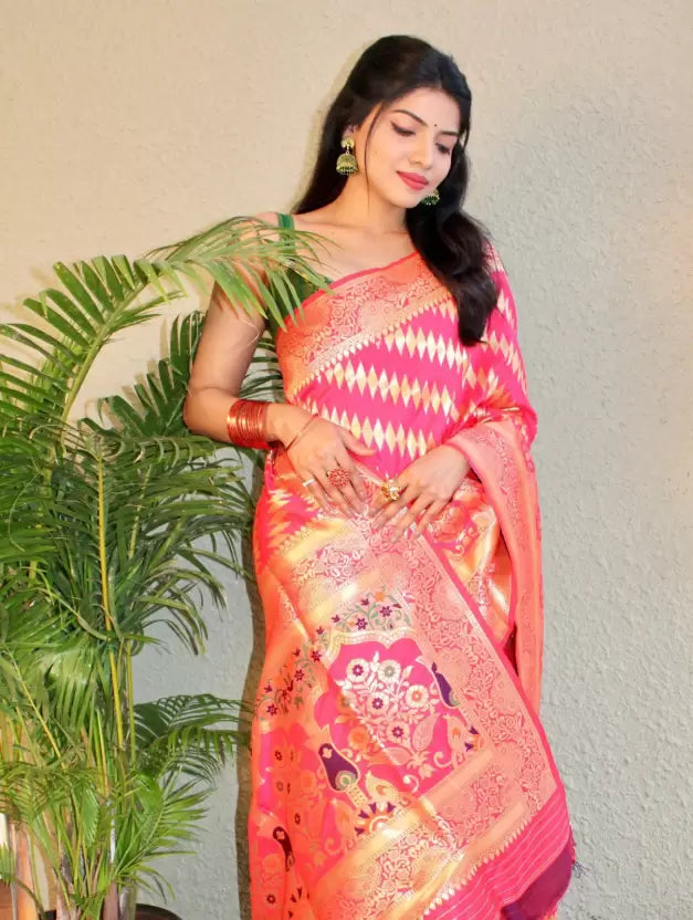Red Self Design Banarasi Jacquard by Icultuer with Blouse