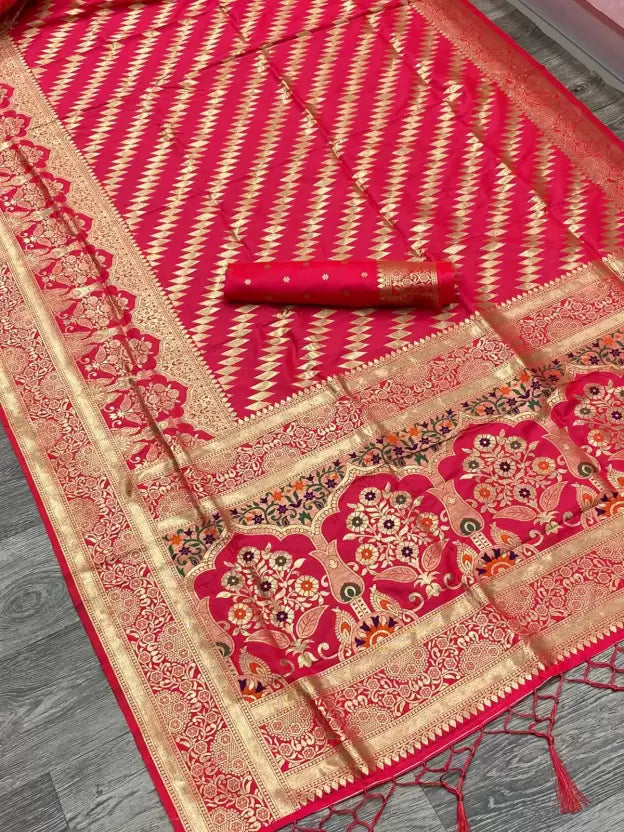 Red Self Design Banarasi Jacquard by Icultuer with Blouse