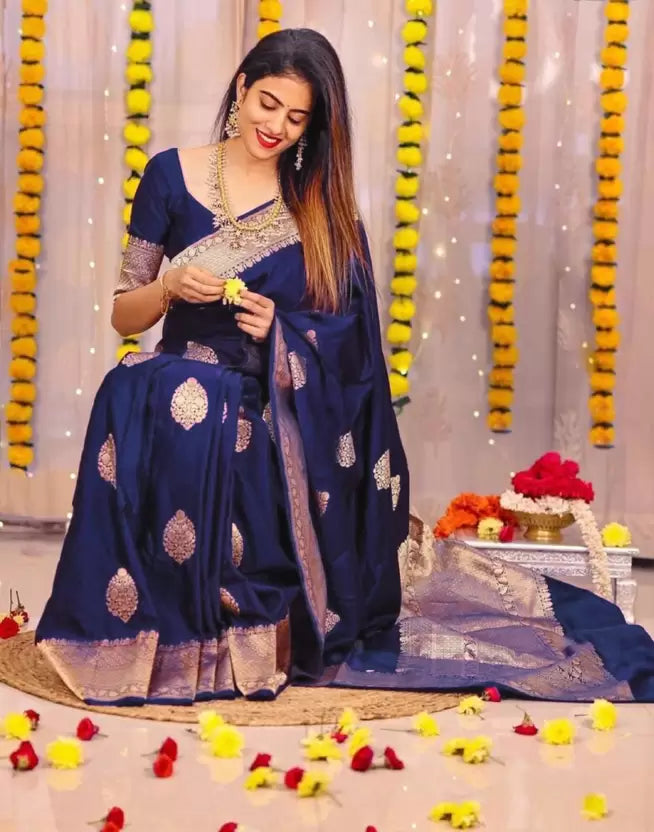 Dark Blue Zari Weaving Banarasi Silk by Icultuer