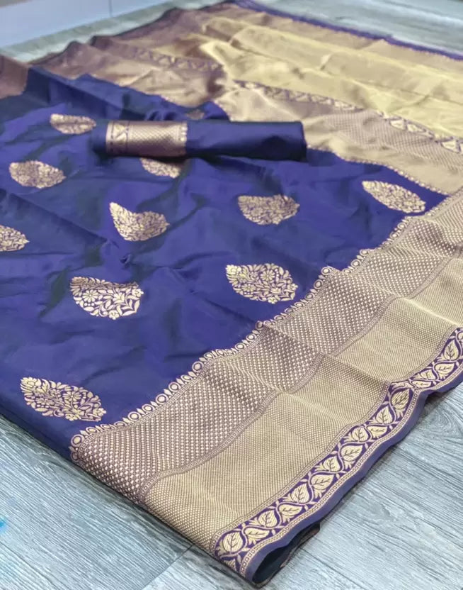 Dark Blue Zari Weaving Banarasi Silk by Icultuer