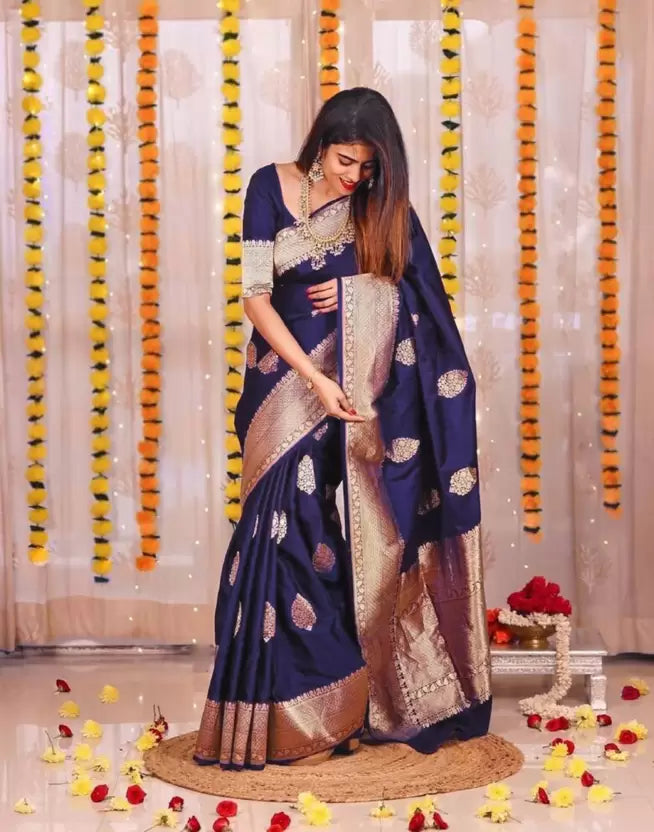 Dark Blue Zari Weaving Banarasi Silk by Icultuer